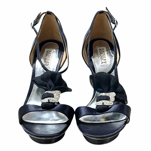 Badgley Mischka Women 10 Heels Open Toe Satin Rhinestone Stiletto Platform Black - Picture 4 of 16